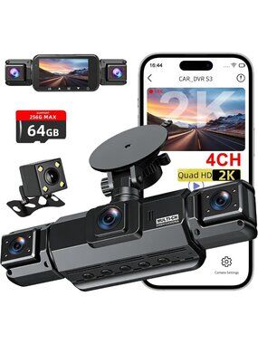 360° 4-Channel Dash Cam - 2K Front + 1080P Sides, WiFi, Night Vision, 64GB Card